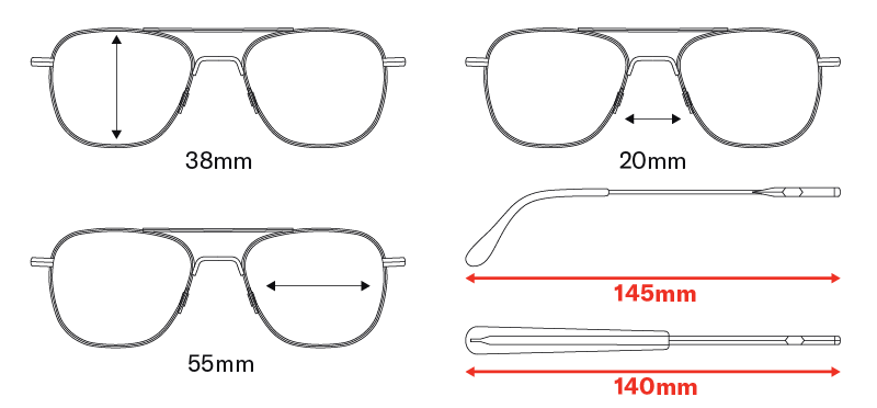 left and right temples, temple measurement, measuring for sunglasses